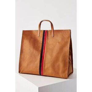 Clare V.  LOS ANGELES Tote Tan Blue Stripes Detachable Shoulder Strap Handbag